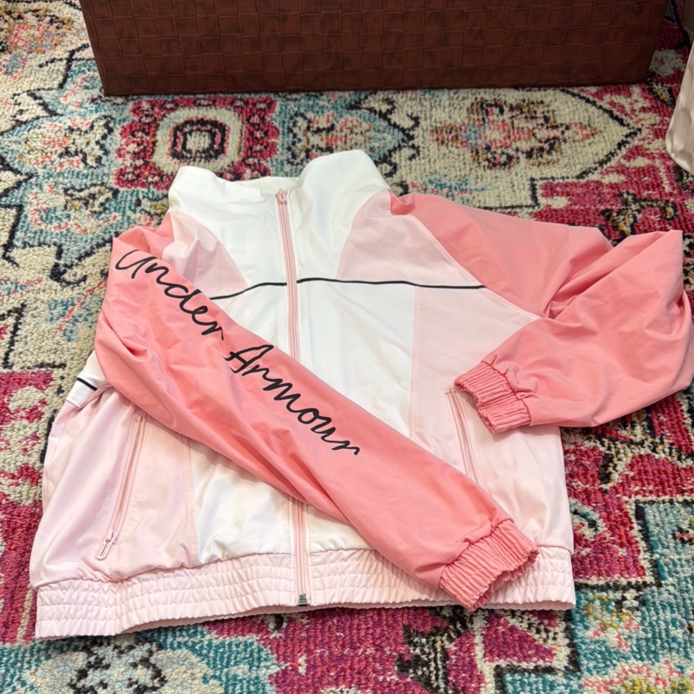 Pink and White under Armour women’s small S Jacket with Script Sleeve